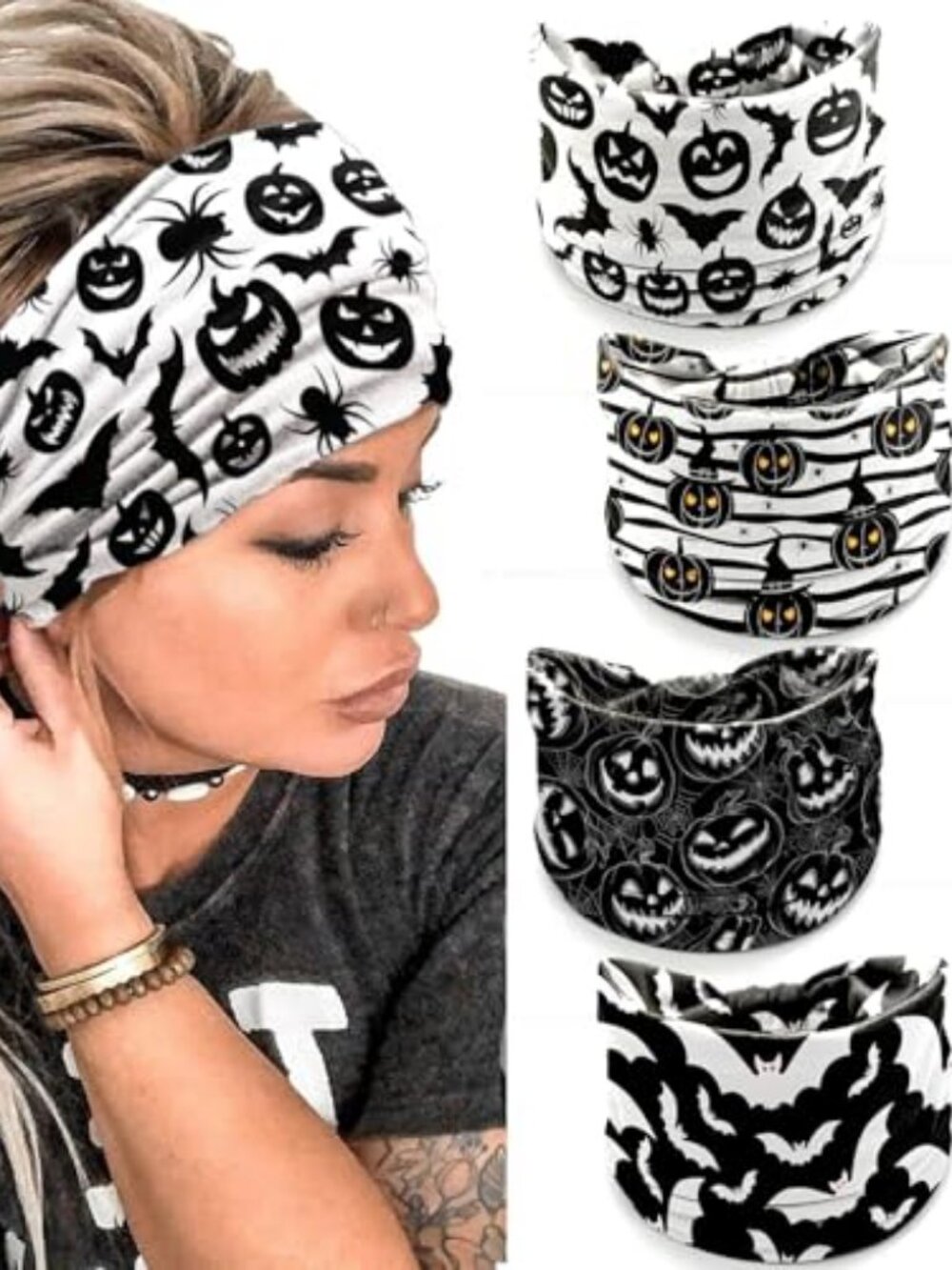 4Pcs Halloween Headbands for Women - Black White Pumpkin Bat Wide Holiday Hair